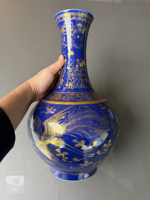 清光绪 霁蓝釉描金龙凤纹赏瓶 - 图4